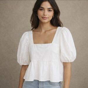 Abercrombie & Fitch White Poplin Puff Sleeve Peplum Top Cottagecore Boho XS
